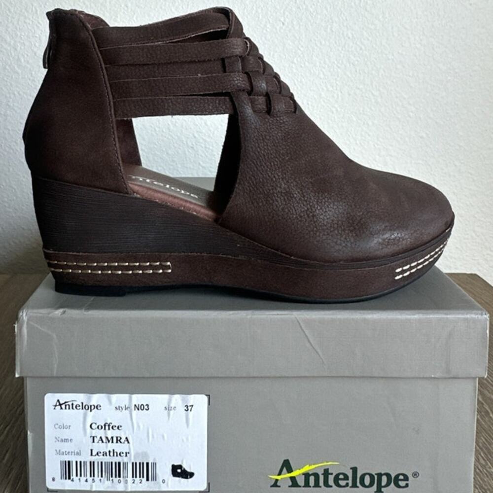Antelope Tamra N03 Coffee Leather Woven Wedge Bootie Cutout Zip Women Size 6 37